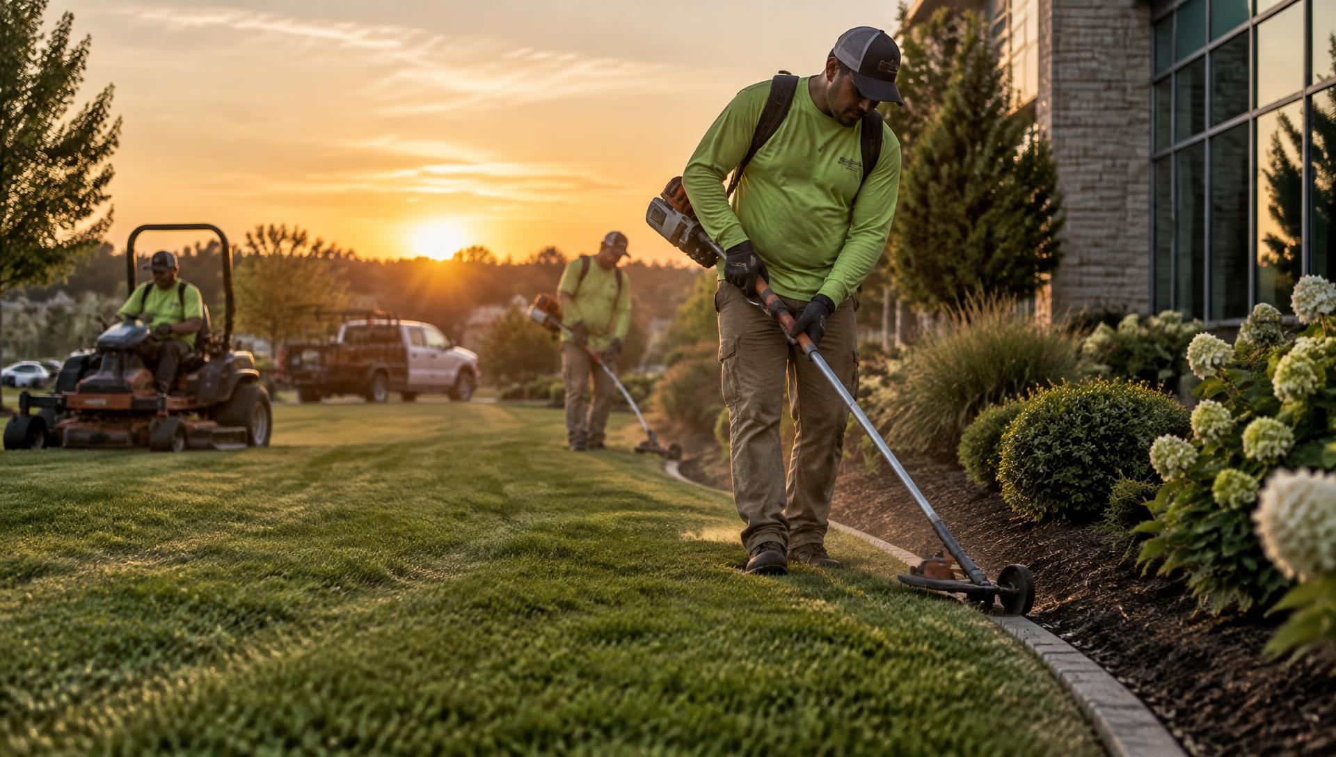 Seasonal landscaping crew working on a commercial property at sunrise